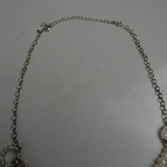 Triple Multi Strand Graduated Round Faux Pearl Beaded Rhinestone Bib Necklace - Picture 7 of 9